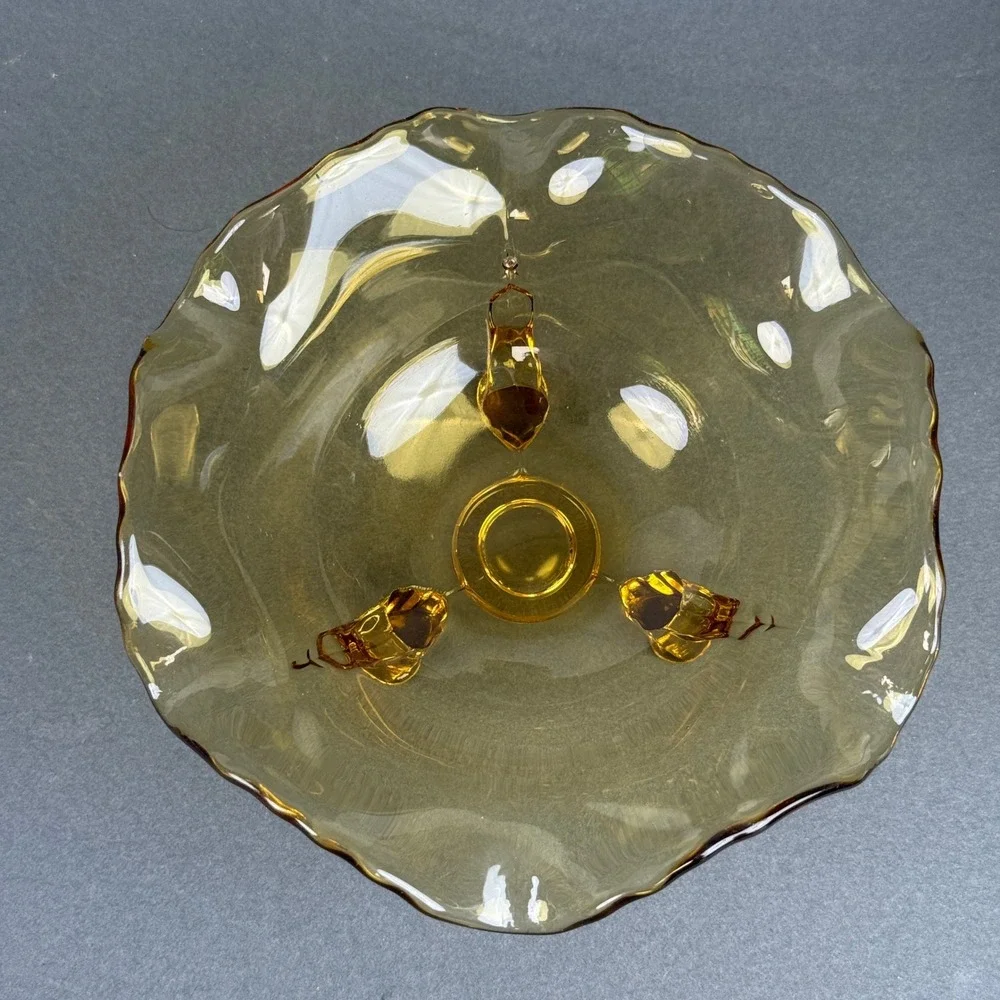 Amber Glass Ruffled Footed Bowl, Decorative Candy Dish Toy